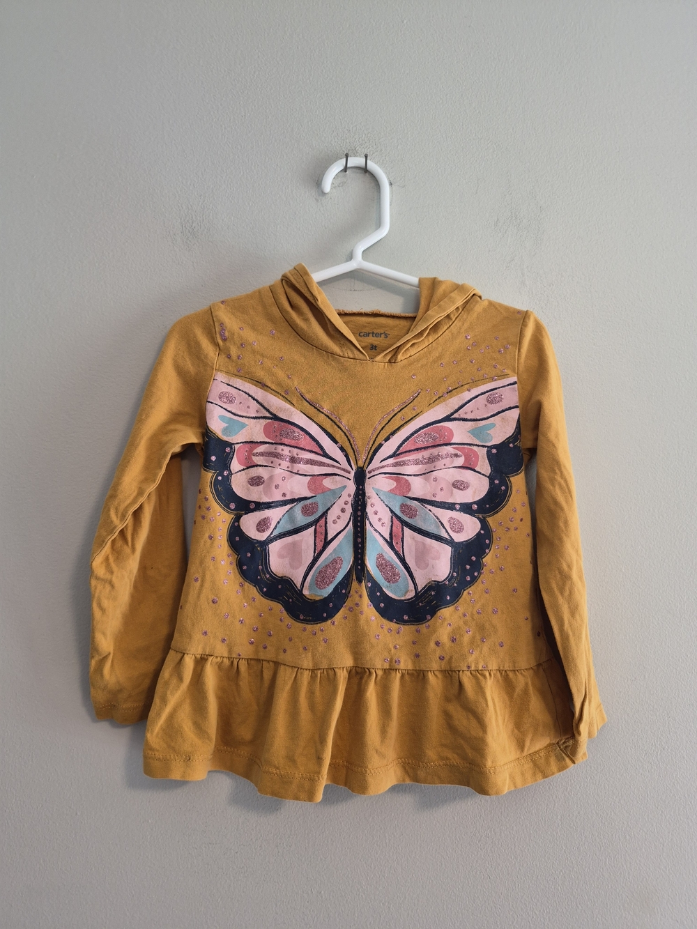 Carter's 3t Mustard Yellow Butterfly Hooded Peplum Top